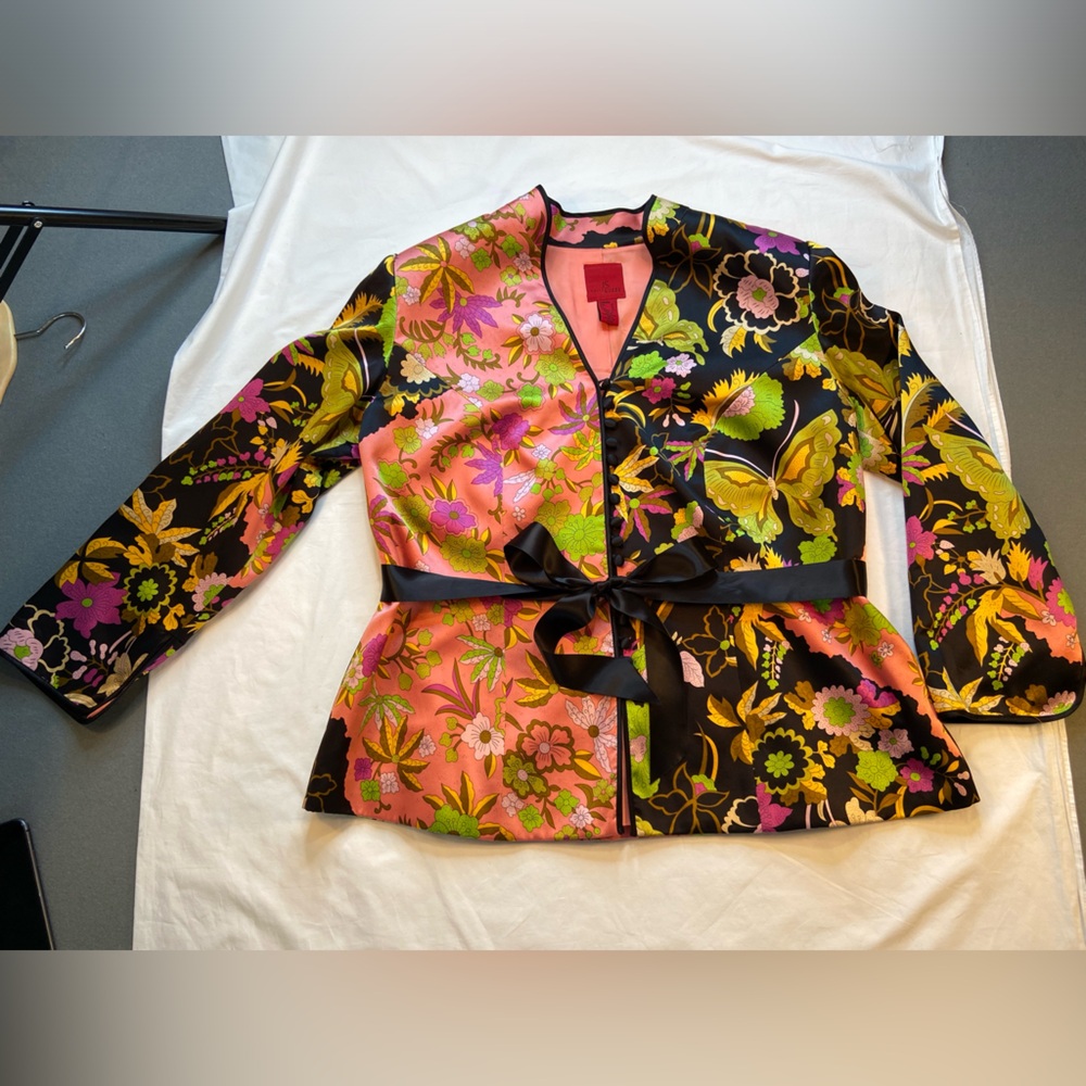 JS Collections Silk‎ Floral Jacket, Cropped, Mandarin Collar, Size 14